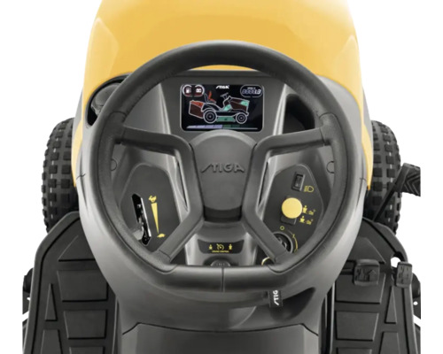 Steuerrad und Armaturenbrett eines gelben Rasentraktors