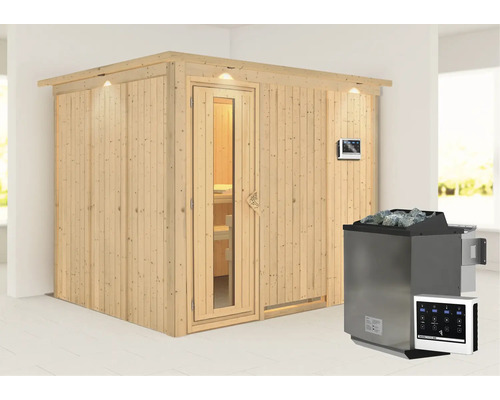 Sauna aus Holz mit Ofen und Steuerung