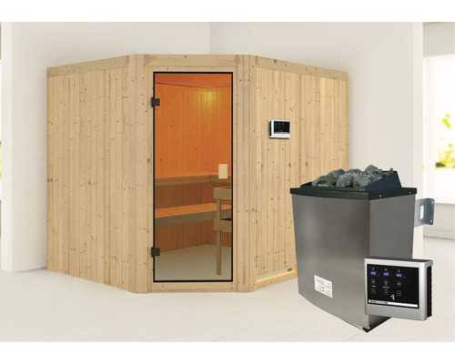 Ecksauna aus Holz mit Glastür und Saunaofen mit Steinen
