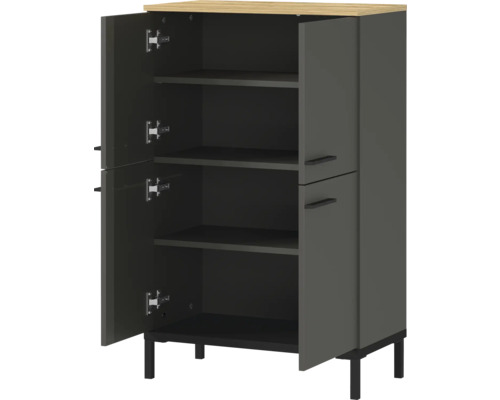 Grauer Mehrzweckschrank mit zwei Türen, Ablagefächern und Füßen