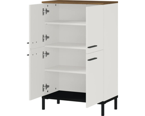 Weißer Mehrzweckschrank mit Holzplatte und offenen Türen