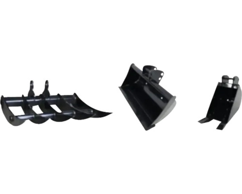 Drei Mini-Baggeranbaugeräte: Reißzahn, Grabenräumlöffel und Tieflöffel.