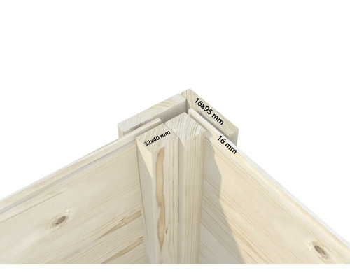 Detailansicht einer Holzecke mit Maßangaben 16 x 95 Millimeter, 32 x 40 Millimeter und 16 Millimeter