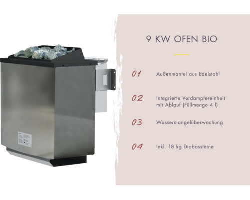 Saunaofen 9 kW Bio mit Edelstahl-Außenmantel und 18 Kilogramm Diabassteinen