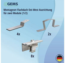 Montageset für Flachdächer zur Ost-West-Ausrichtung für zwei Module, bestehend aus vier Halterungen, zwei Stützen und acht Klemmen. Made in Germany Siegel.