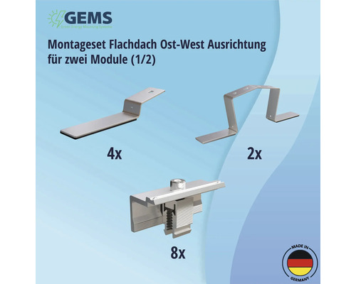 Montageset für Flachdächer zur Ost-West-Ausrichtung für zwei Module, bestehend aus vier Halterungen, zwei Stützen und acht Klemmen. Made in Germany Siegel.