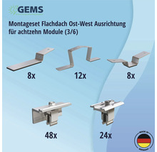 Montageset für Flachdach Ost West Ausrichtung für achtzehn Module mit Montageelementen