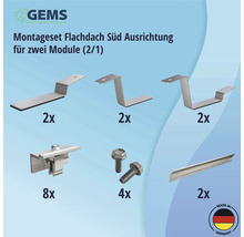 Montageset für Flachdach mit Südausrichtung für zwei Module, inklusive Dachhaken, Schrauben und Montageprofilen