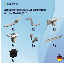 Montageset für Flachdach Südausrichtung für zwei Module mit Einzelteilen und Made in Germany Siegel