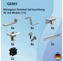 Montageset für Flachdach Südausrichtung für drei Module mit verschiedenen Montageteilen
