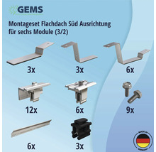 Montageset für Flachdach mit Südausrichtung für sechs Module mit Montageelementen und Schrauben