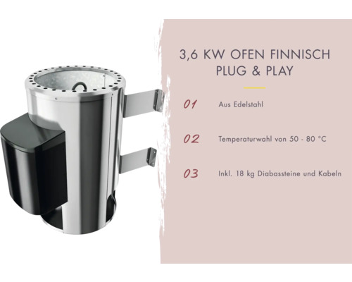 Finnischer 3,6 Kilowatt Saunaofen aus Edelstahl mit Diabassteinen und Kabeln