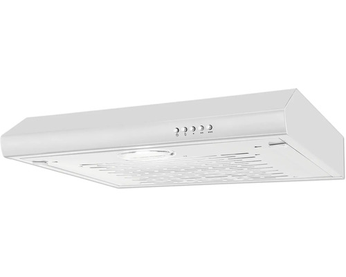 Weiße Dunstabzugshaube mit Bedienelementen und Beleuchtung.