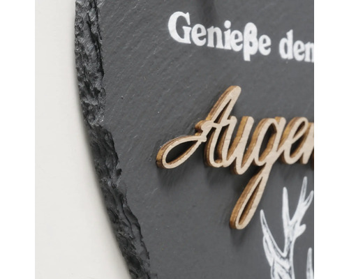 Dekorative Schieferplatte mit Holzschriftzug und Hirschmotiv