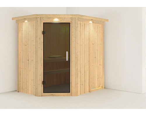 Sauna aus Holz mit Glastür und Beleuchtung