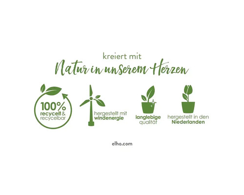 Elho Nachhaltigkeitsmerkmale: 100 Prozent recyceltes Material, hergestellt mit Windenergie, langlebige Qualität, hergestellt in den Niederlanden