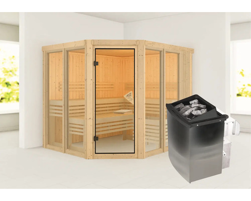 Ecksauna mit Glastür und Saunaofen