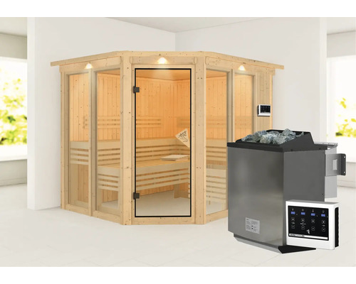 Ecksauna aus Holz mit Glastür und Saunaofen