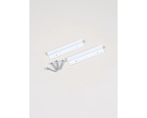 Zwei weiße Wandbefestigungen mit Schrauben