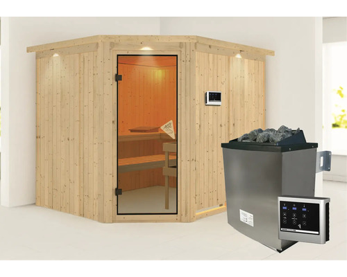 Ecksauna mit Glastür und Saunaofen mit Steinen