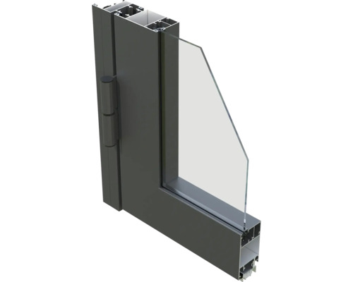 Querschnitt eines Aluminiumfensters mit Glas und Beschlägen