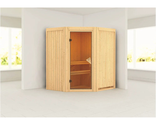 Ecksauna aus Holz mit Glastür im Raum
