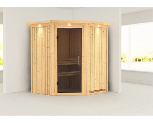 Ecksauna mit Glastür und Holzverkleidung.