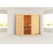 Ecksauna mit Glastür und Holzverkleidung