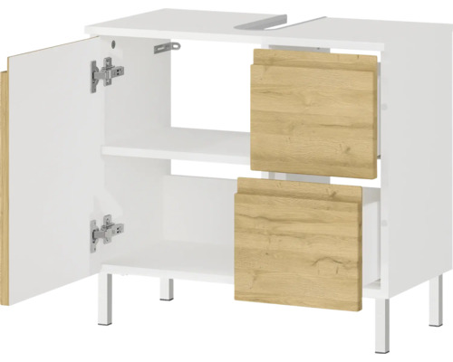 Waschbeckenunterschrank mit zwei Schubladen und einer offenen Tür