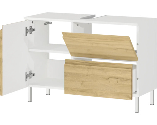 Waschtischunterschrank mit einer offenen Tür und zwei Schubladen