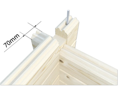 Detailansicht einer Blockbohlenecke mit Maßangabe 70 Millimeter und einer Gewindestange zur Stabilisierung.