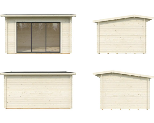 Ansichten eines Holzgartenhauses mit Fenster und Pultdach