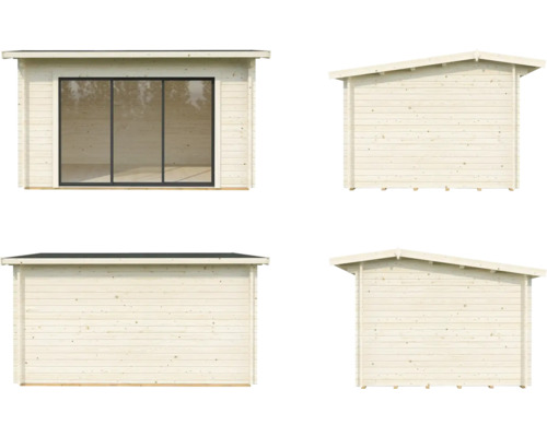 Ansichten eines Gartenhauses mit Schiebetür und Pultdach