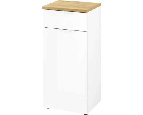 Weißer Badezimmerschrank mit Schublade und Holzplatte