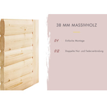 38 Millimeter Massivholz Blockbohlenwand mit einfacher Montage und doppelter Nut- und Federverbindung.