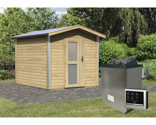 Holzsauna mit Saunaofen und Steuerung