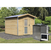 Holzsauna mit Saunaofen und Steuerung im Garten