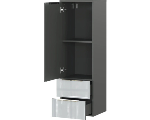 Hochschrank mit Regalboden und zwei Schubladen im geöffneten Zustand