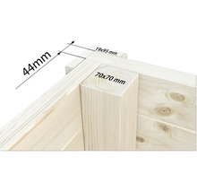 Detailansicht eines Holzhauses mit Maßangaben zu den Holzbalken