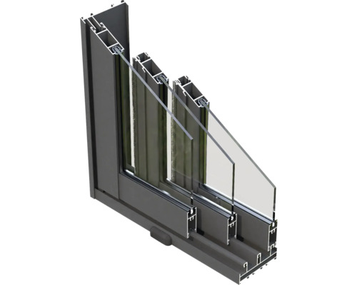 Schnittansicht eines Schiebefensters mit Rahmen und Verglasung