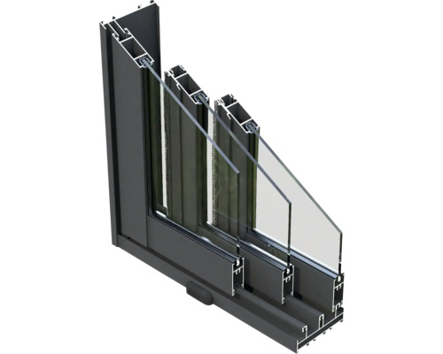 Querschnitt eines Schiebefensters mit Rahmen und Glas