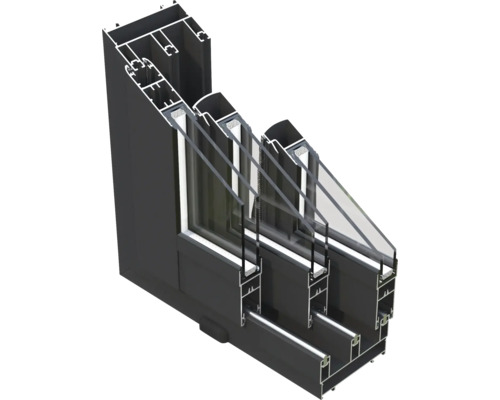 Querschnitt einer Aluminiumfensterkonstruktion mit Mehrfachverglasung