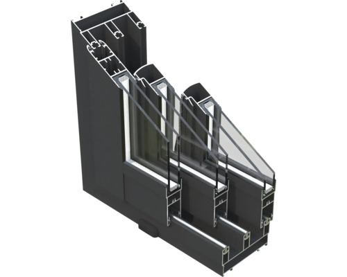Schnittansicht eines Fensterrahmens mit Dreifachverglasung.