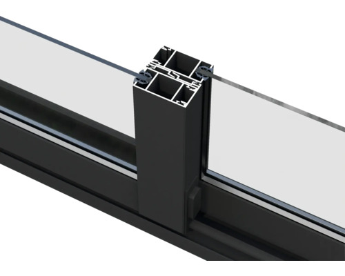 Detailansicht eines schwarzen Schiebefensterprofils mit Glas
