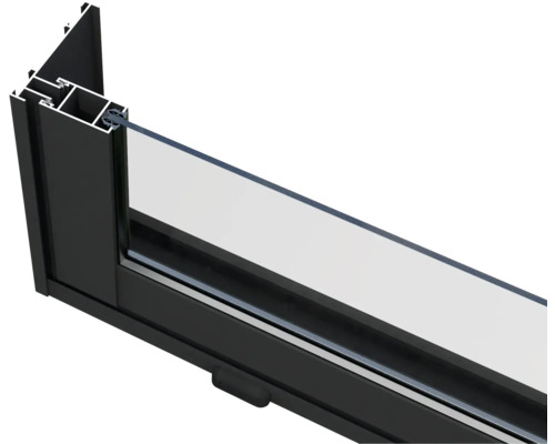 Querschnitt eines schwarzen Aluminiumfensterrahmens mit Glas