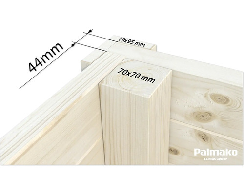 Detailansicht einer Holzecke mit Maßangaben 44 mm, 19 x 95 mm und 70 x 70 mm