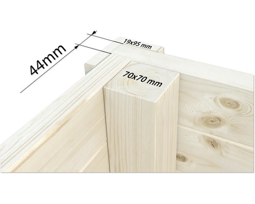 Detailansicht einer Holzecke mit Maßangaben: 44 mm, 19 x 95 mm und 70 x 70 mm.