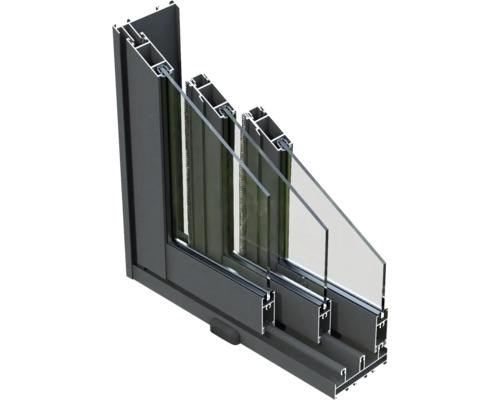 Querschnitt eines Aluminiumschiebefensters mit Dreifachverglasung