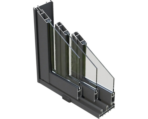 Fensterprofil mit Dreifachverglasung im Querschnitt