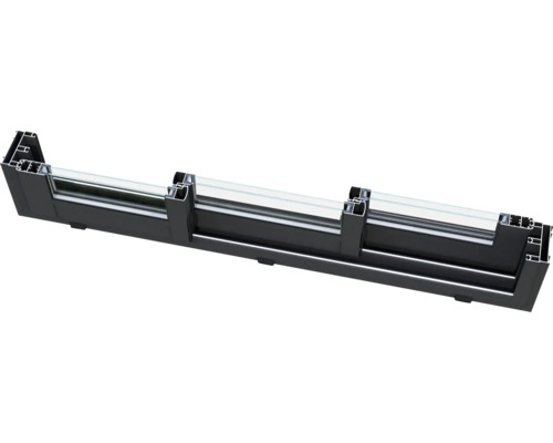 Querschnitt einer schwarzen Fensterkonstruktion mit Glas